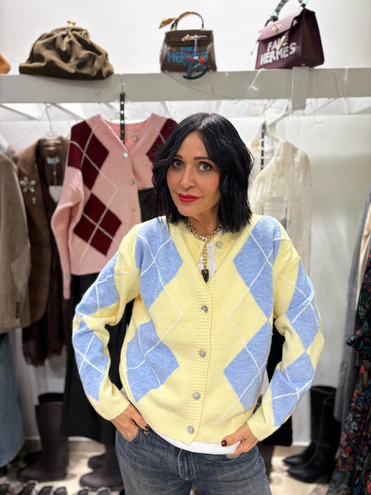 Cardigan rombi celeste e butter yellow