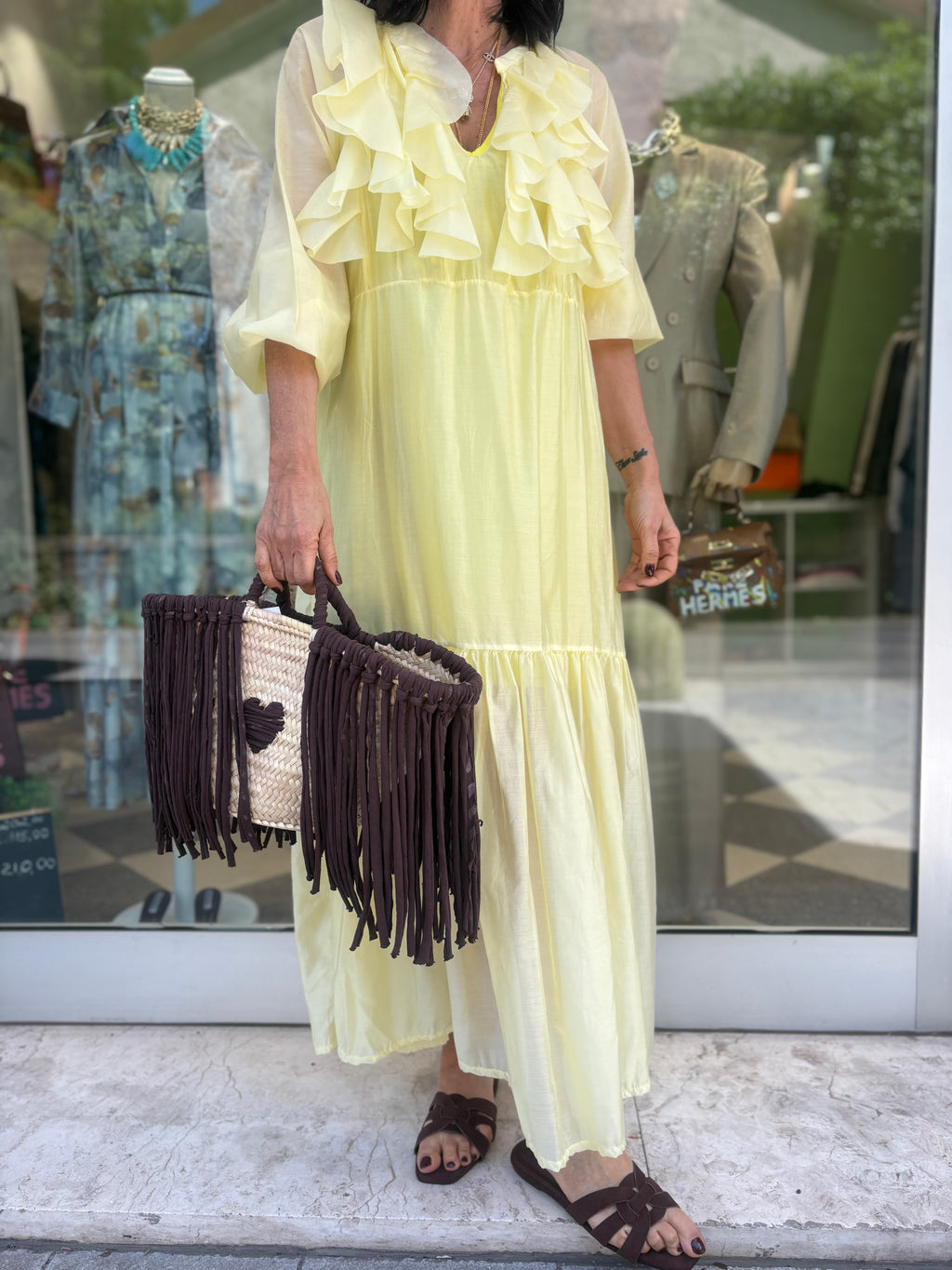 Abito lungo con rouches giallo