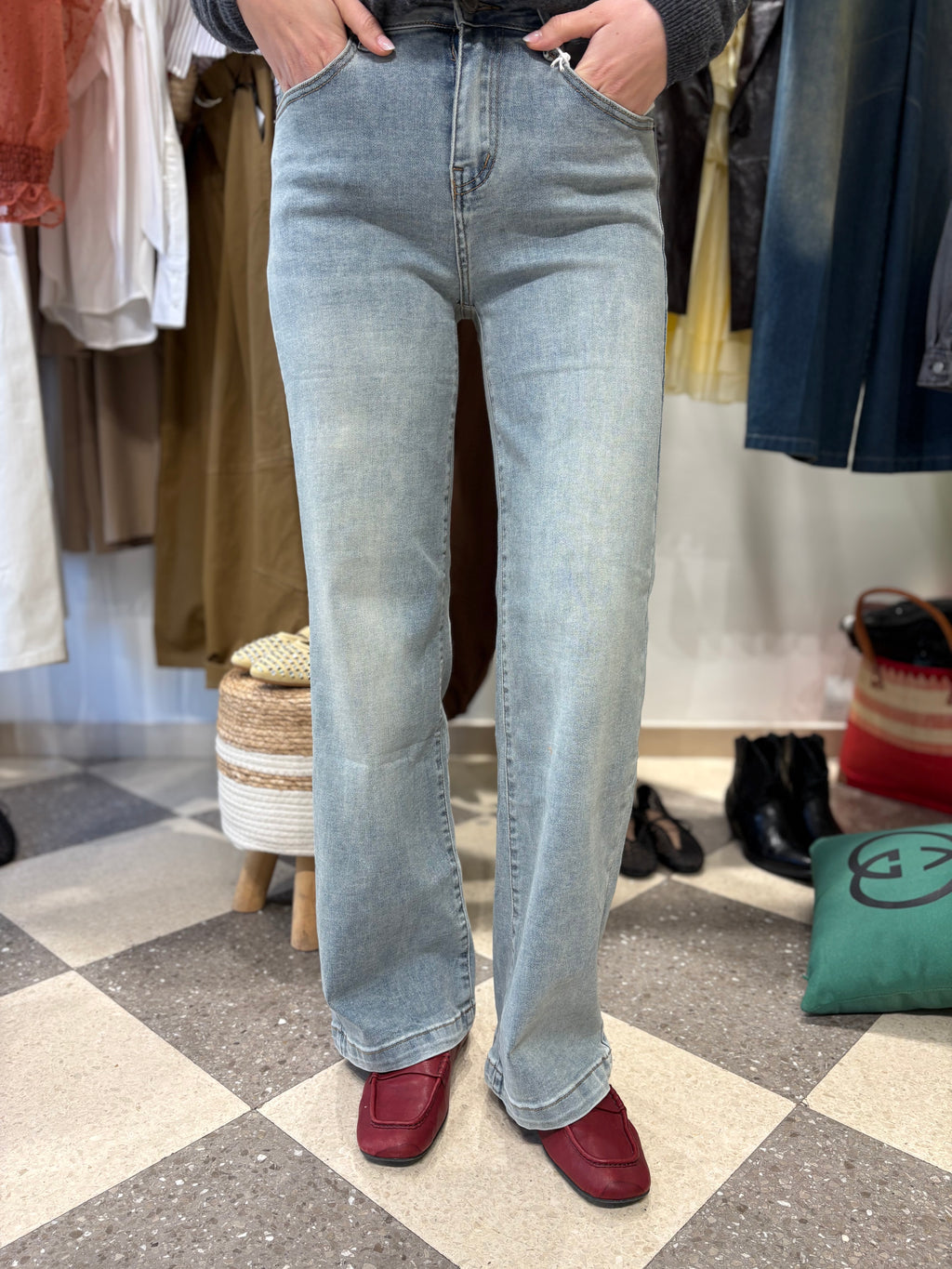 Denim straight leg vita alta