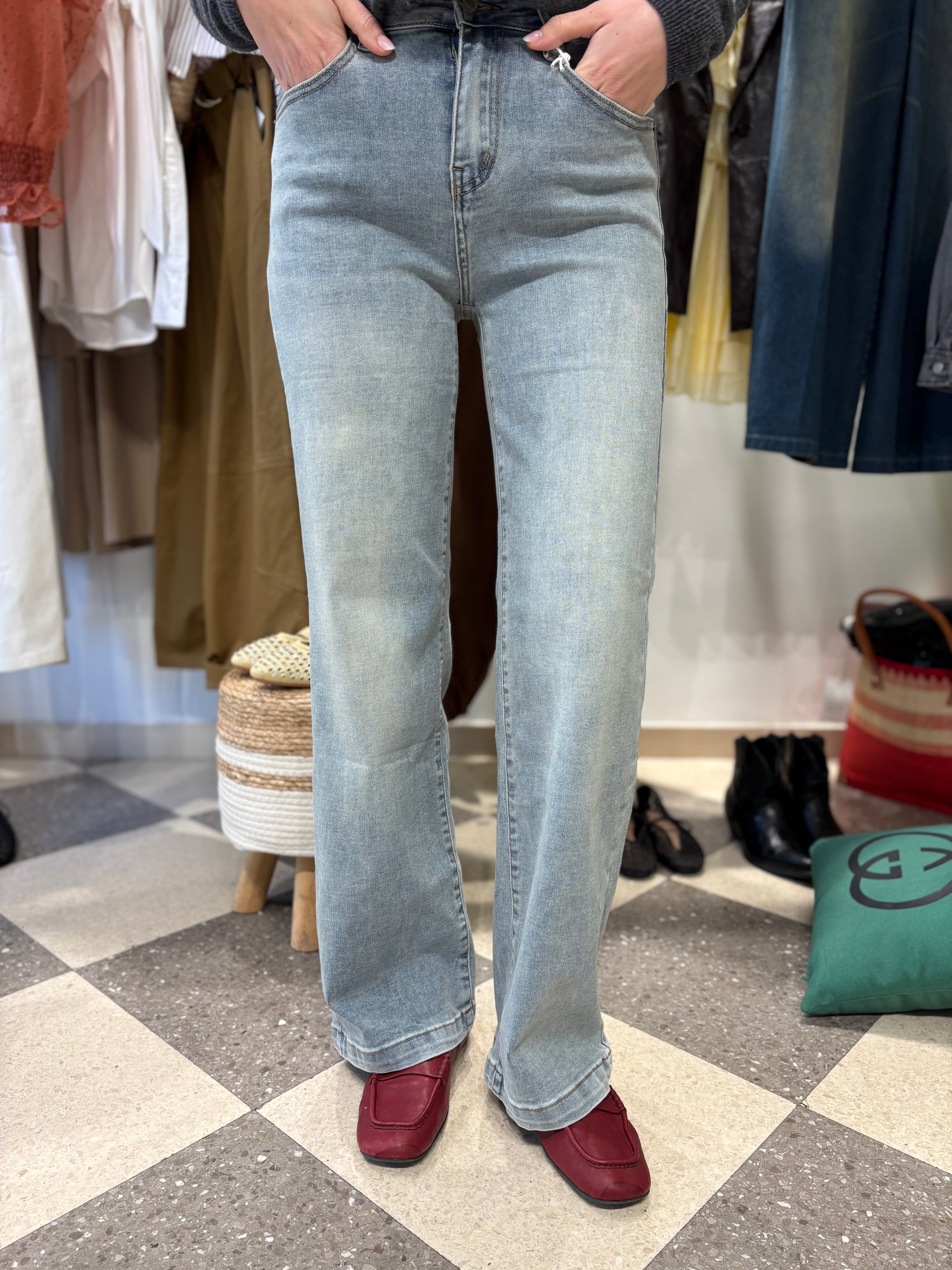 Denim straight leg vita alta