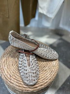 Ballerina Traforata in Pizzo Crochet Beige con Dettaglio Cuoio