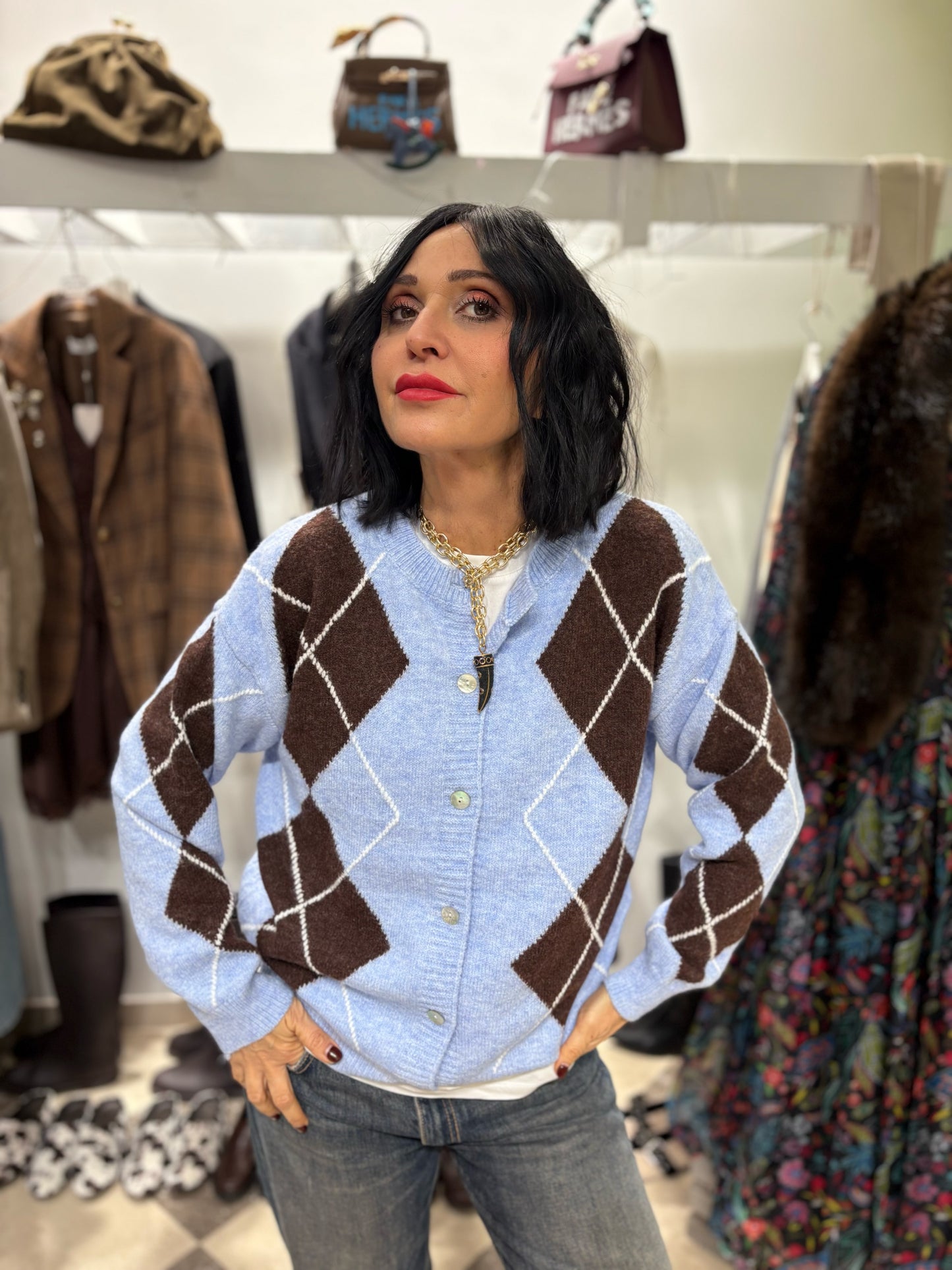 Cardigan rombi celeste e cioccolato