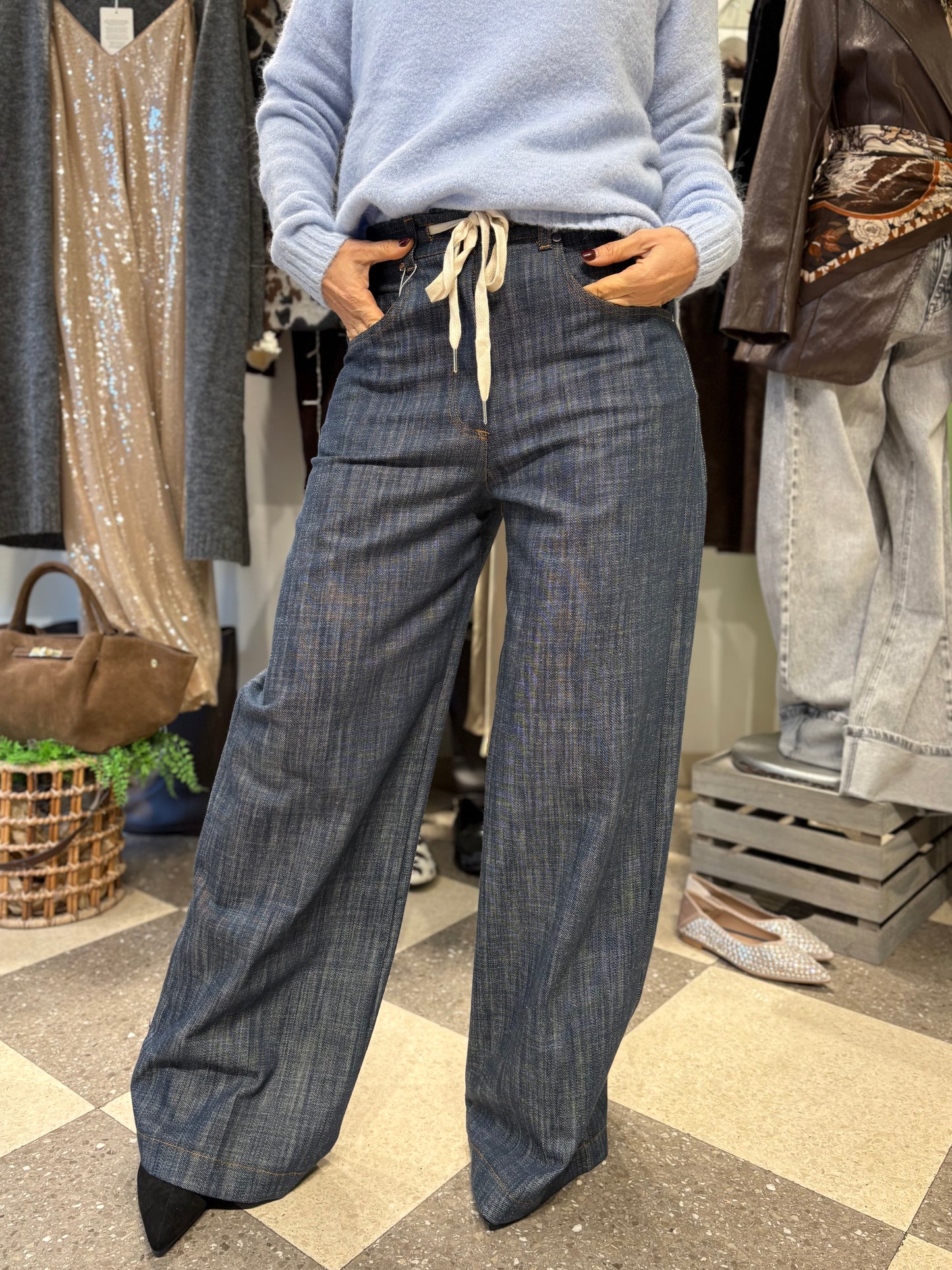 Motel denim palazzo con elastico in vita e cordoncino a vista