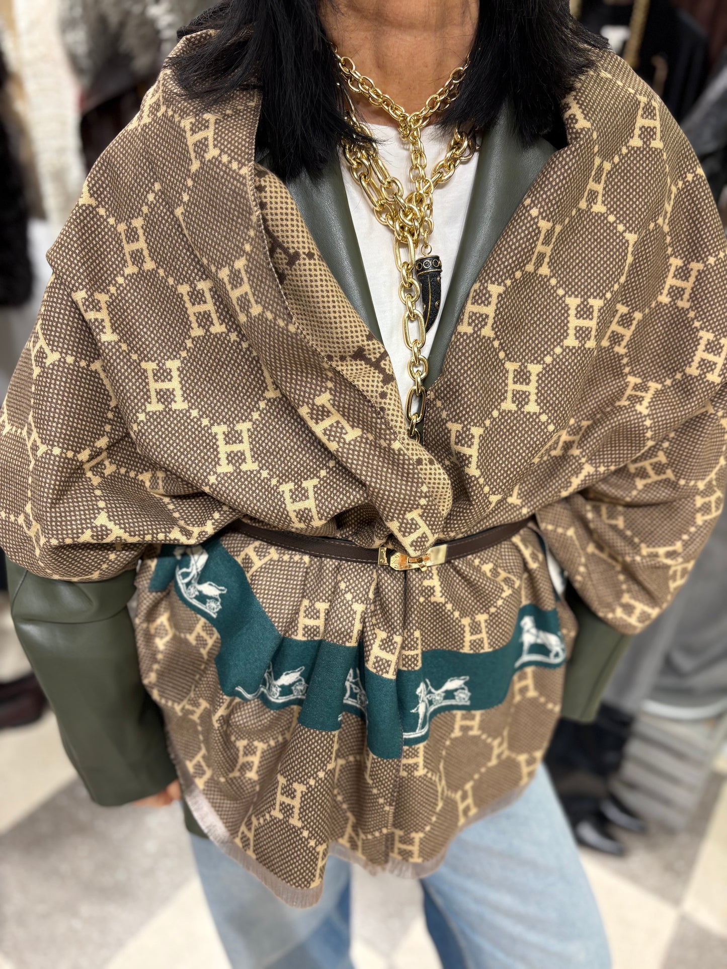 Stola small H dark green and white