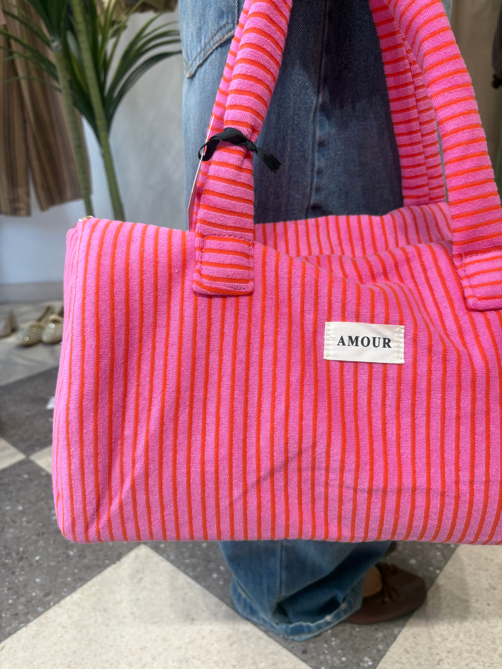 Borsone in spugna righe fucsia e arancio