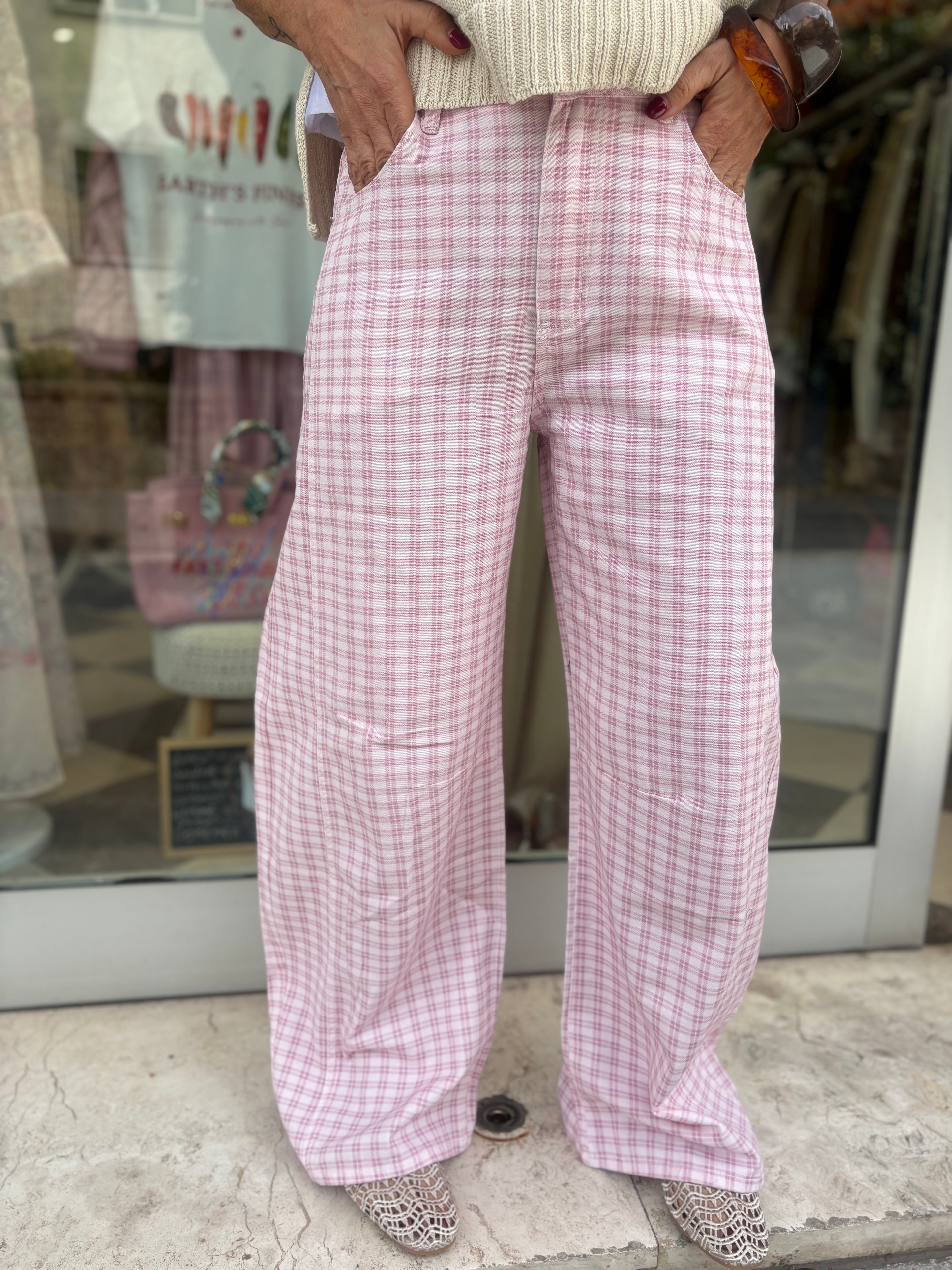 Pantalone barrel check rosa