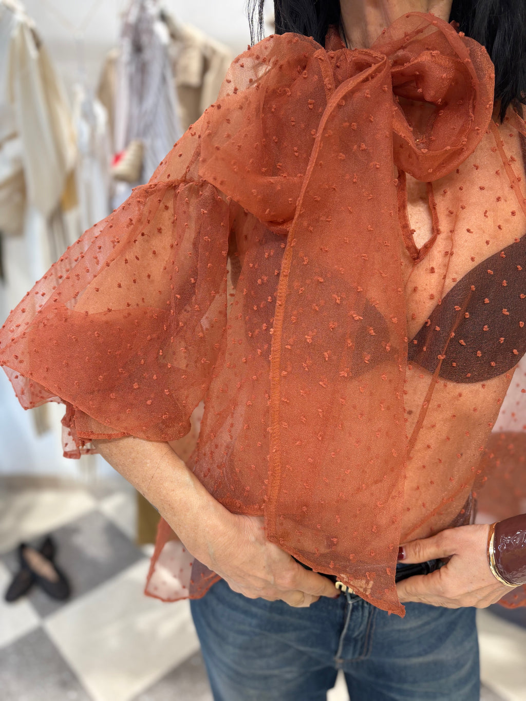 Blusa in Organza Plumetis Terracotta con Fiocco – €39,90