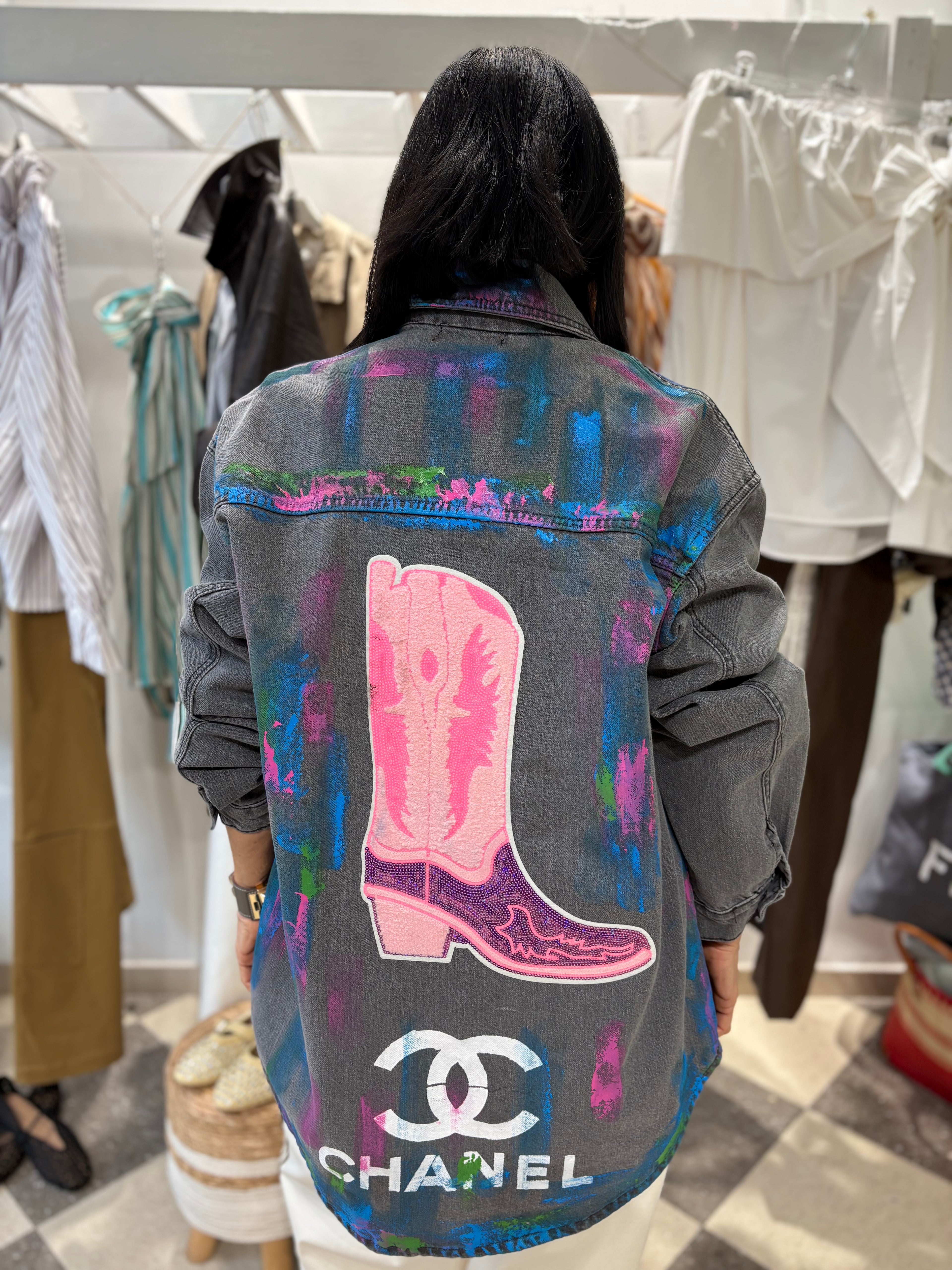 Giacca denim vintage grigia custom dipinta a mano - Come noi due