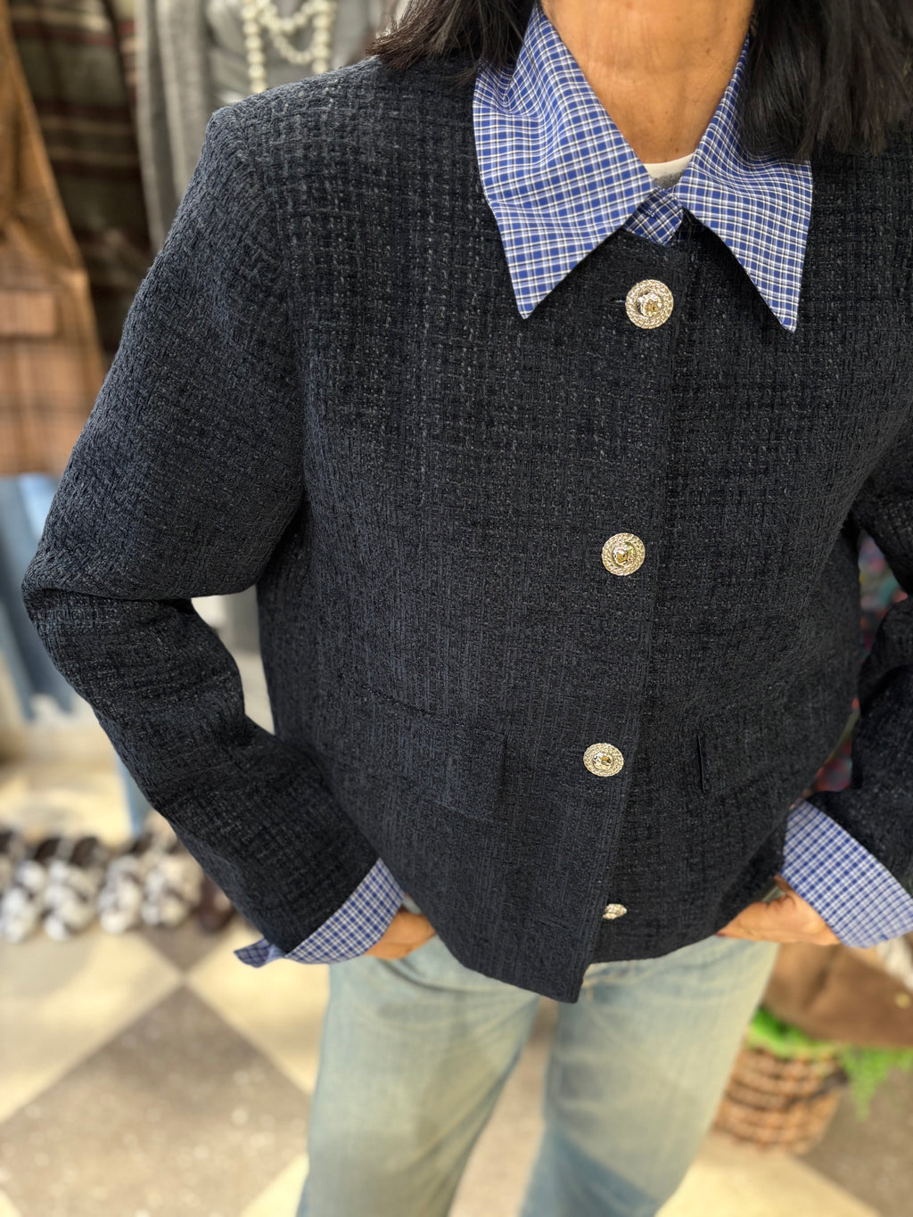 Giacca bouclé blu navy con colletto e dettaglio manica rimovibili