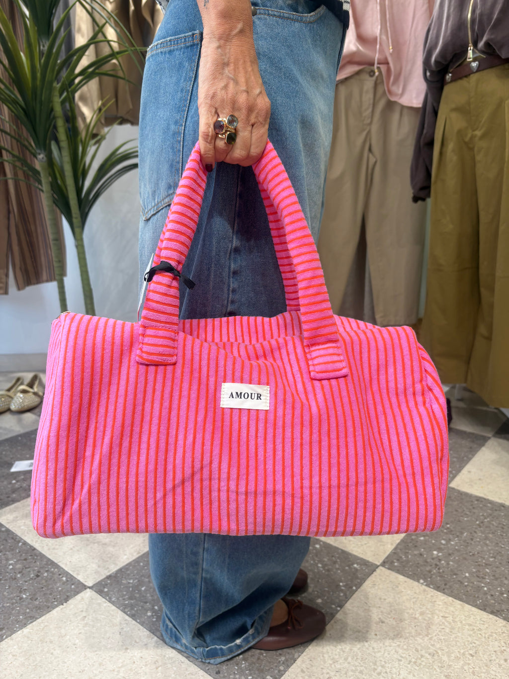 Borsone in spugna righe fucsia e arancio