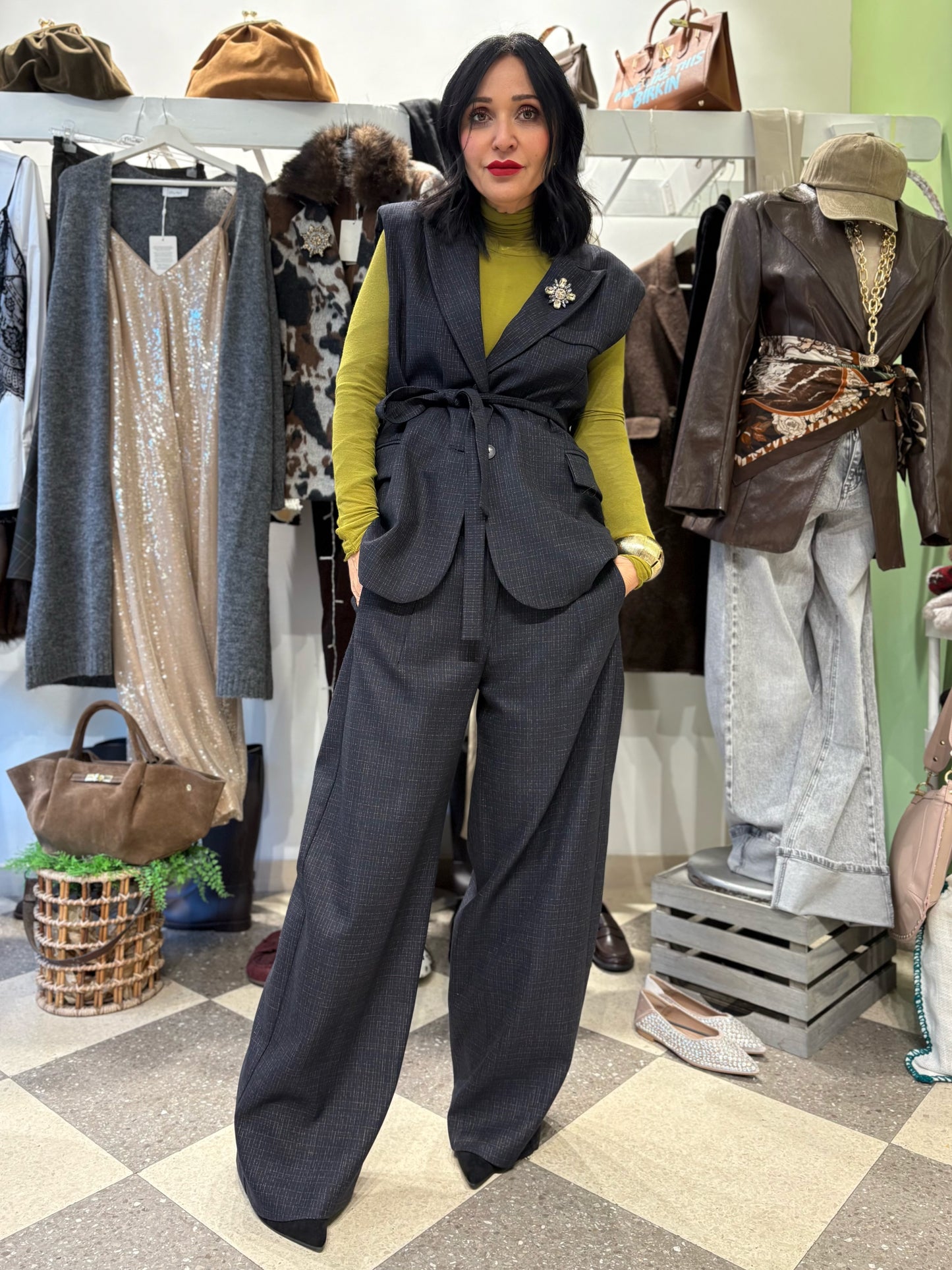 Motel pantalone a palazzo micro check colorato