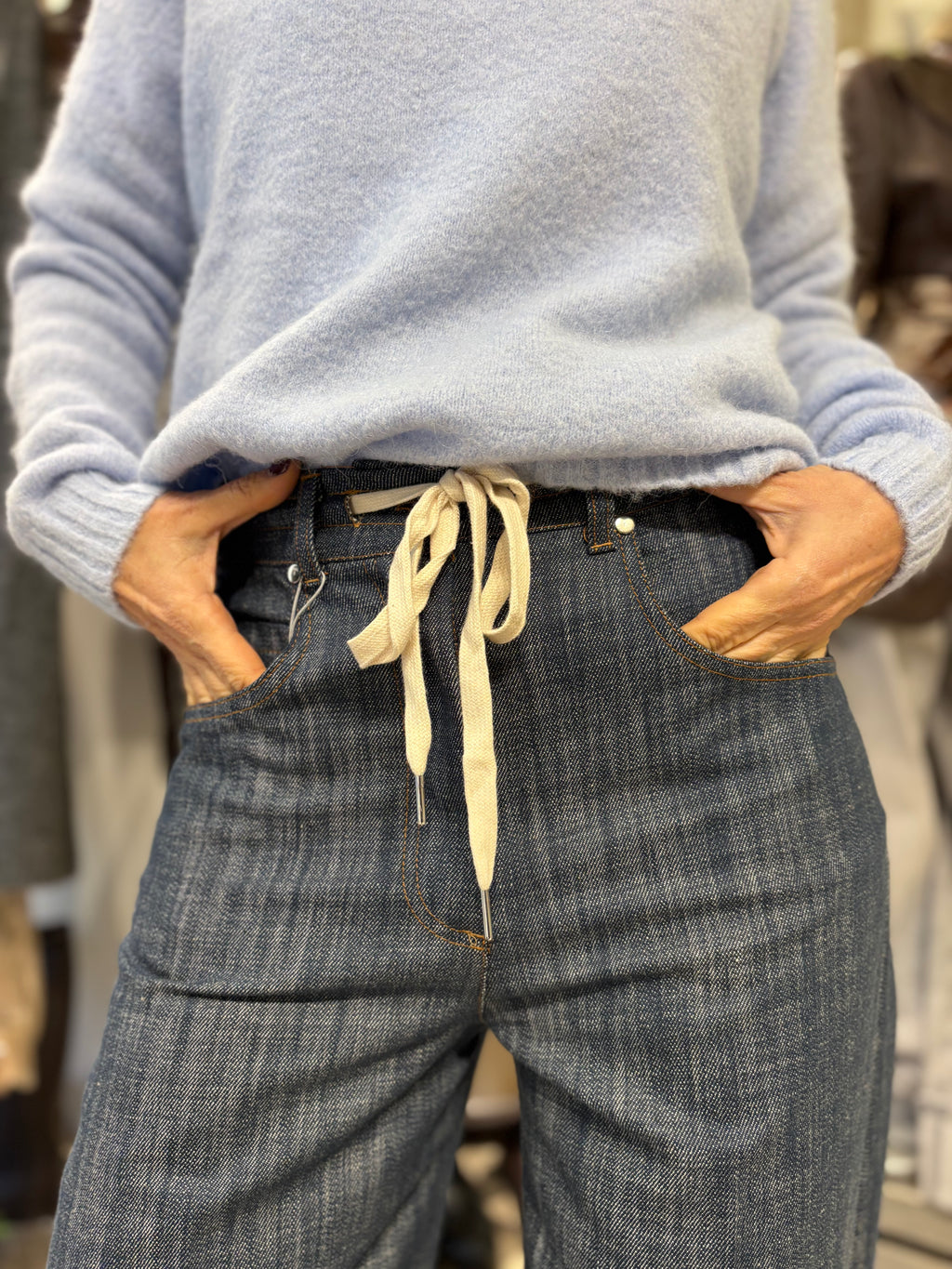 Motel denim palazzo con elastico in vita e cordoncino a vista