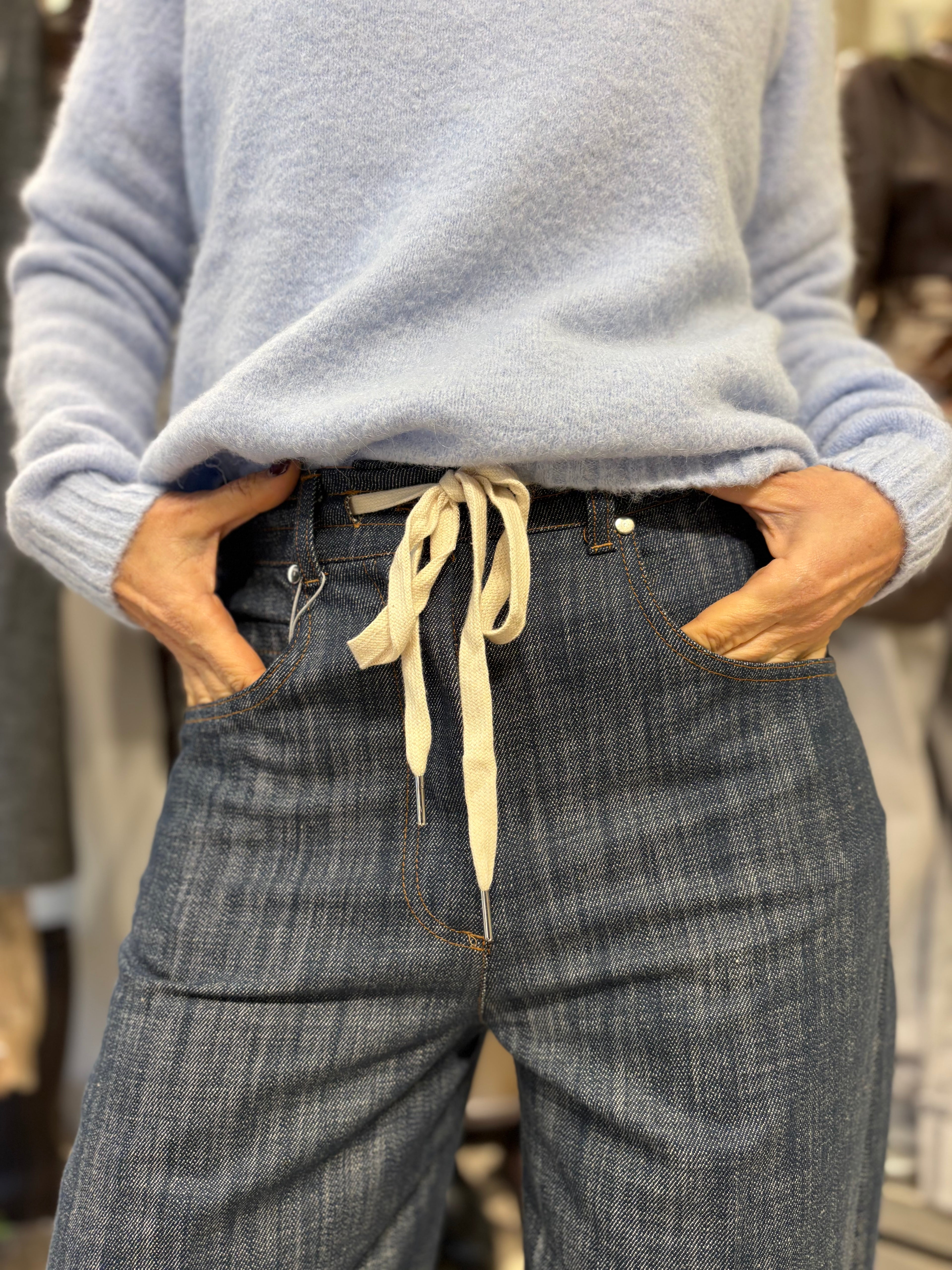 Motel denim palazzo con elastico in vita e cordoncino a vista