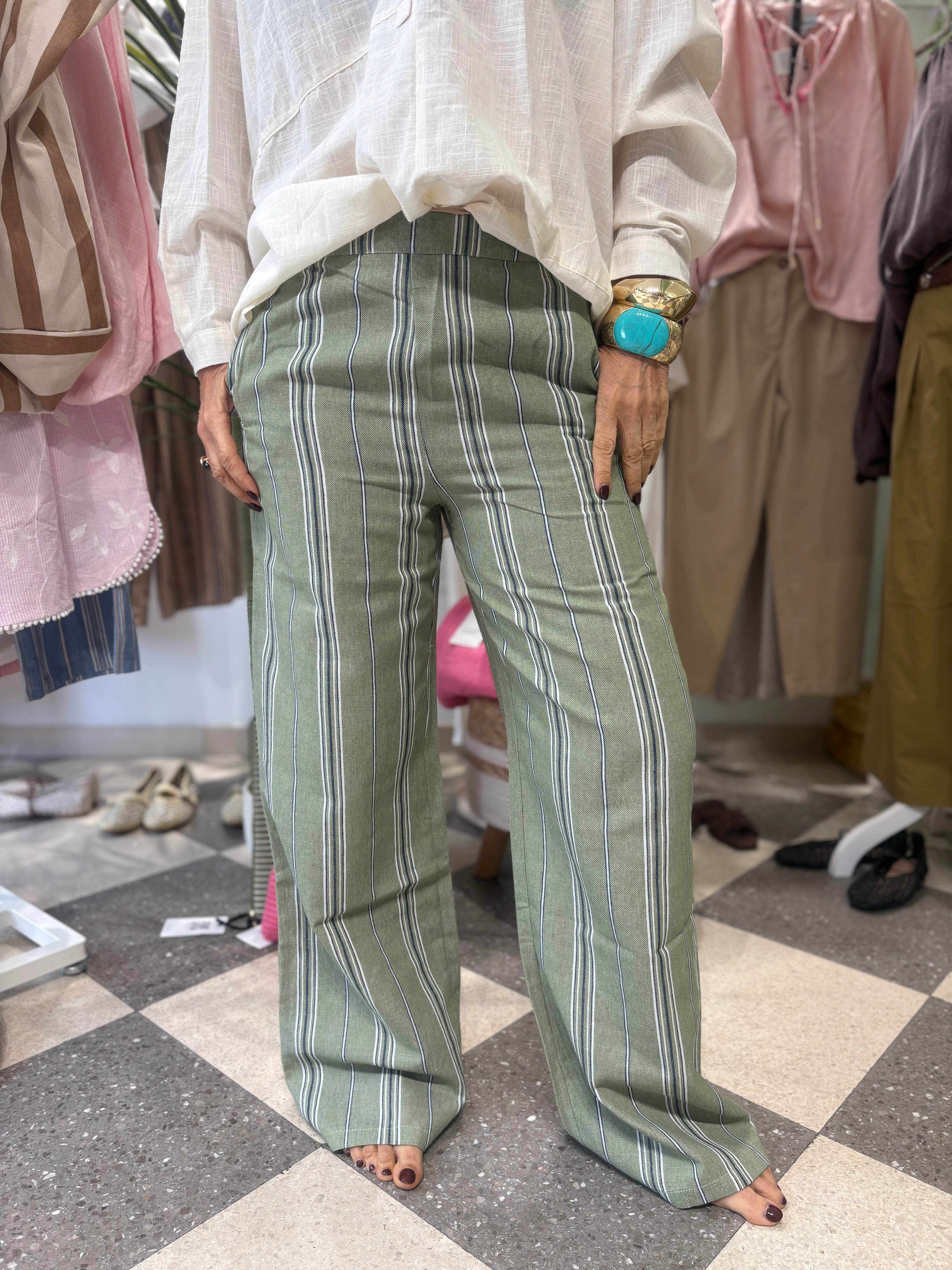 Pantalone gamba dritta righe verde salvia