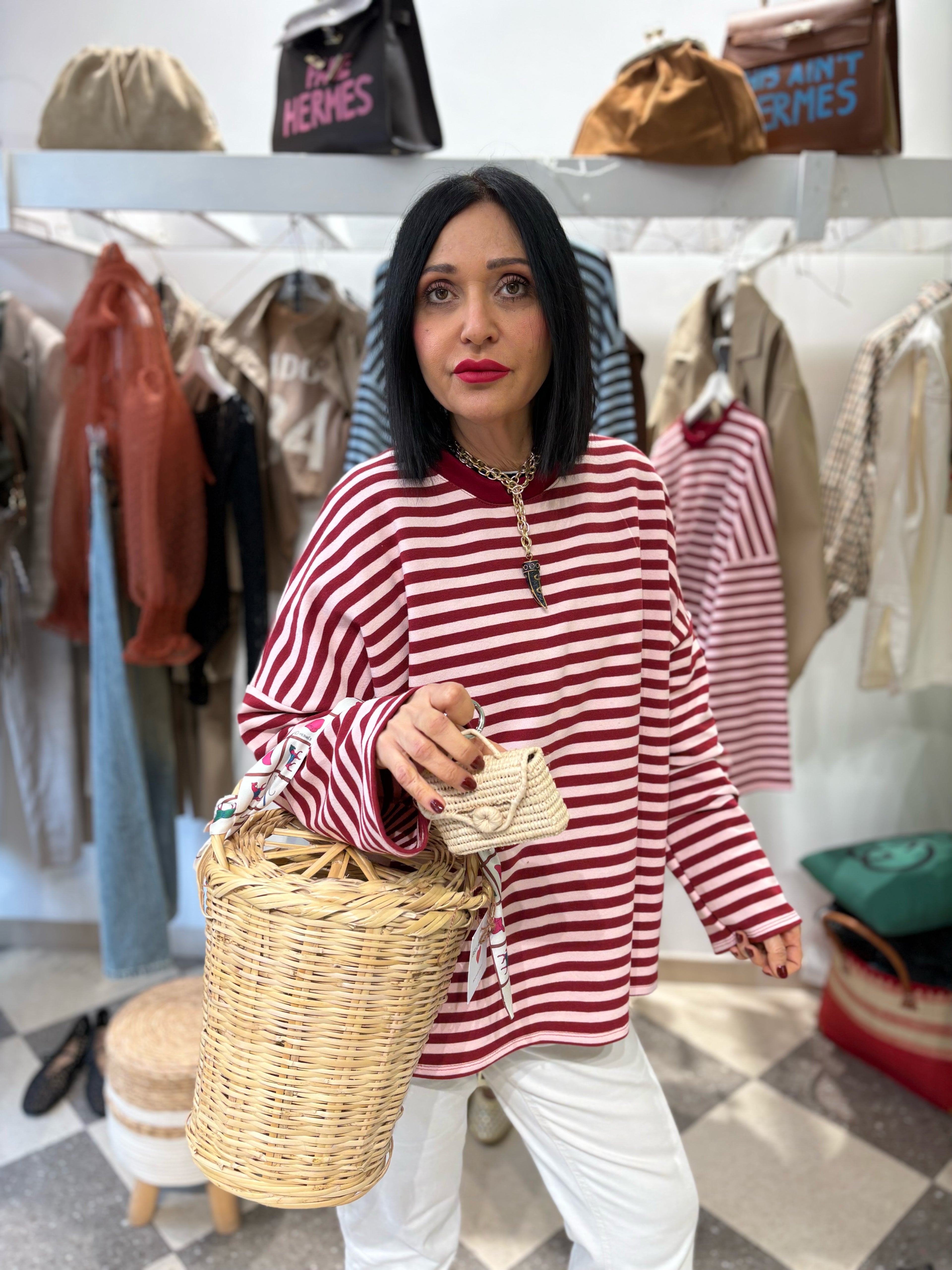 Maxi t-shirt righe rosa e rosso