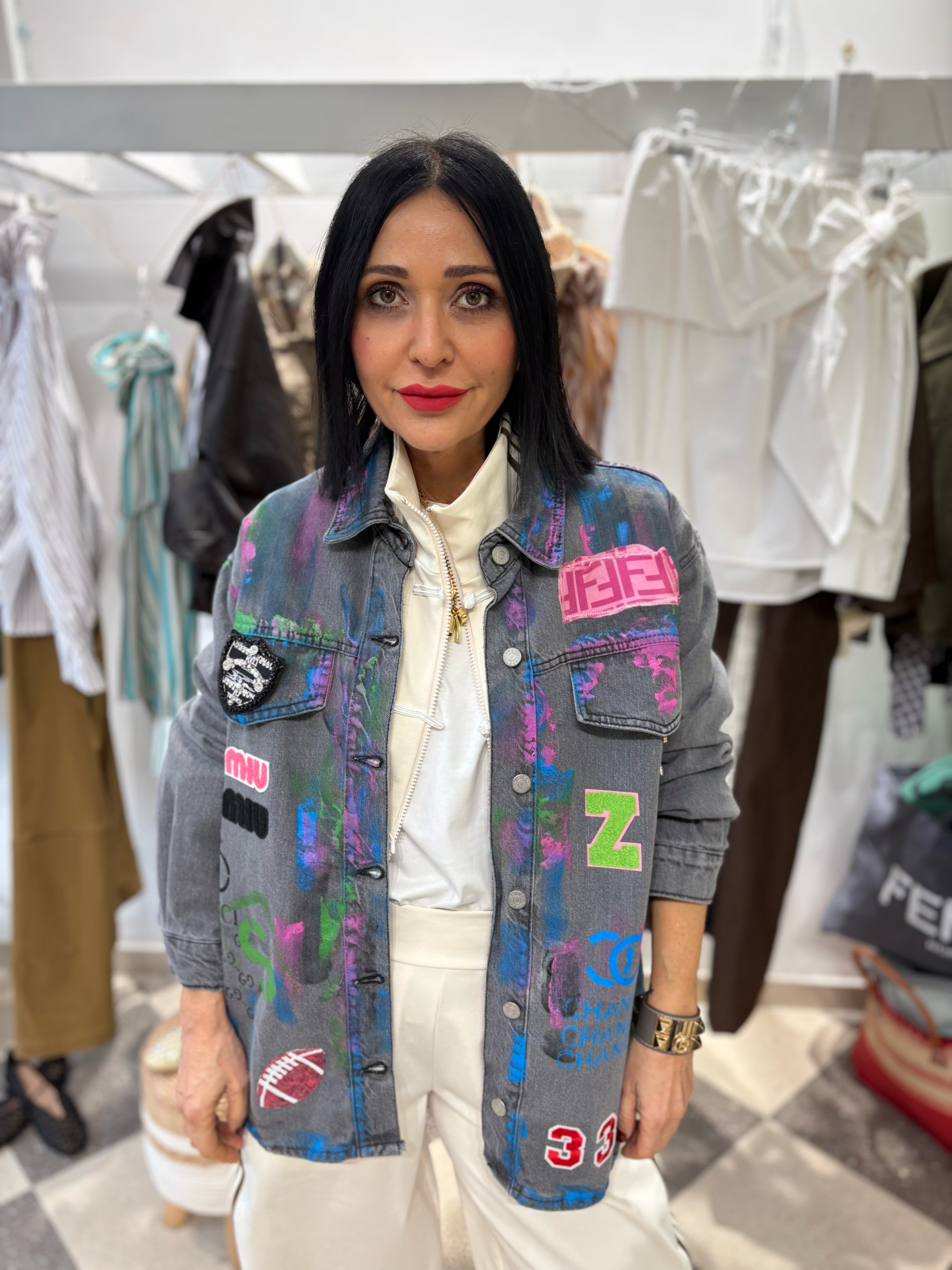 Giacca denim vintage grigia custom dipinta a mano - Come noi due