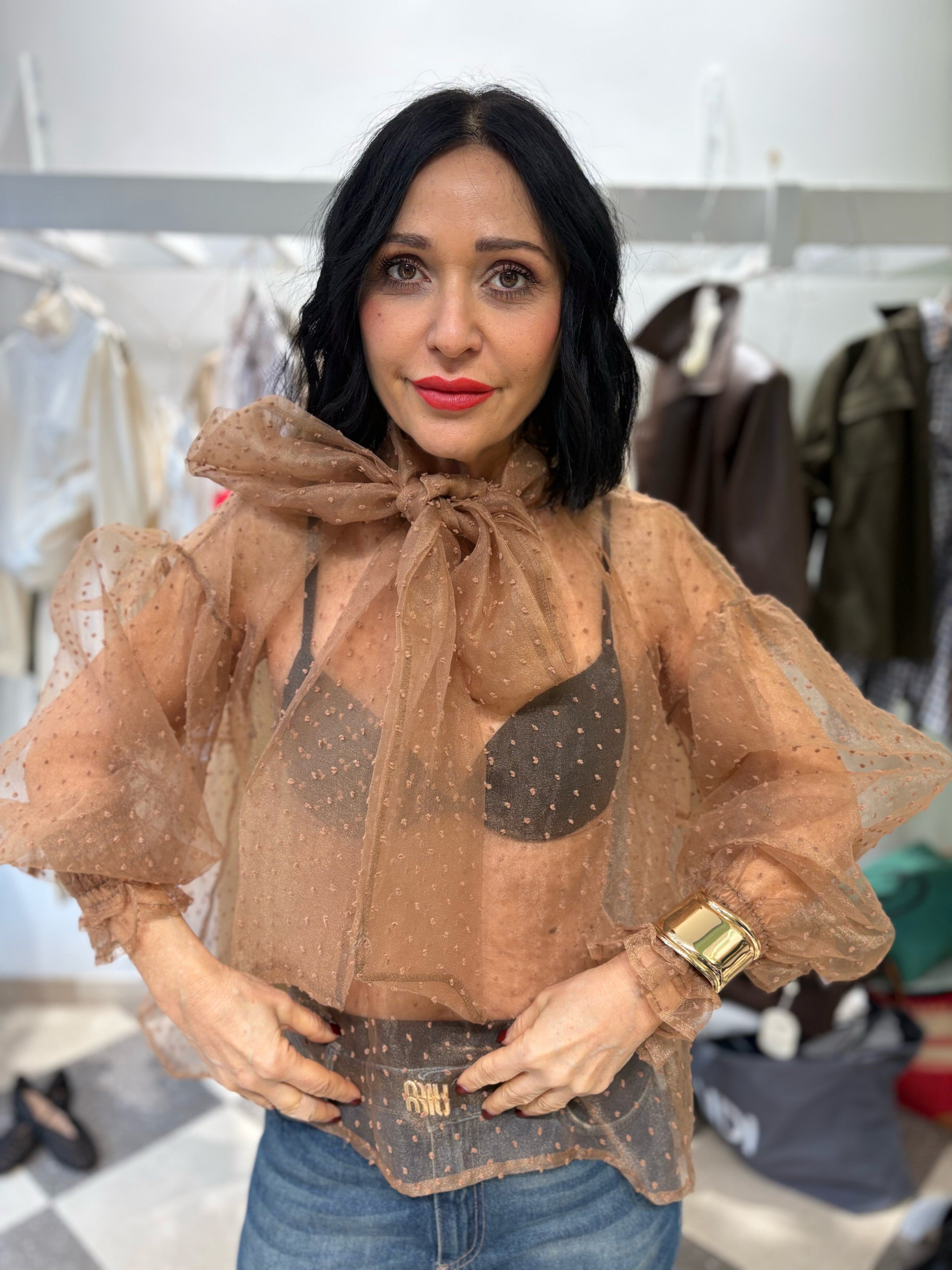 Blusa in Organza Plumetis Marrone con Fiocco – €39,90