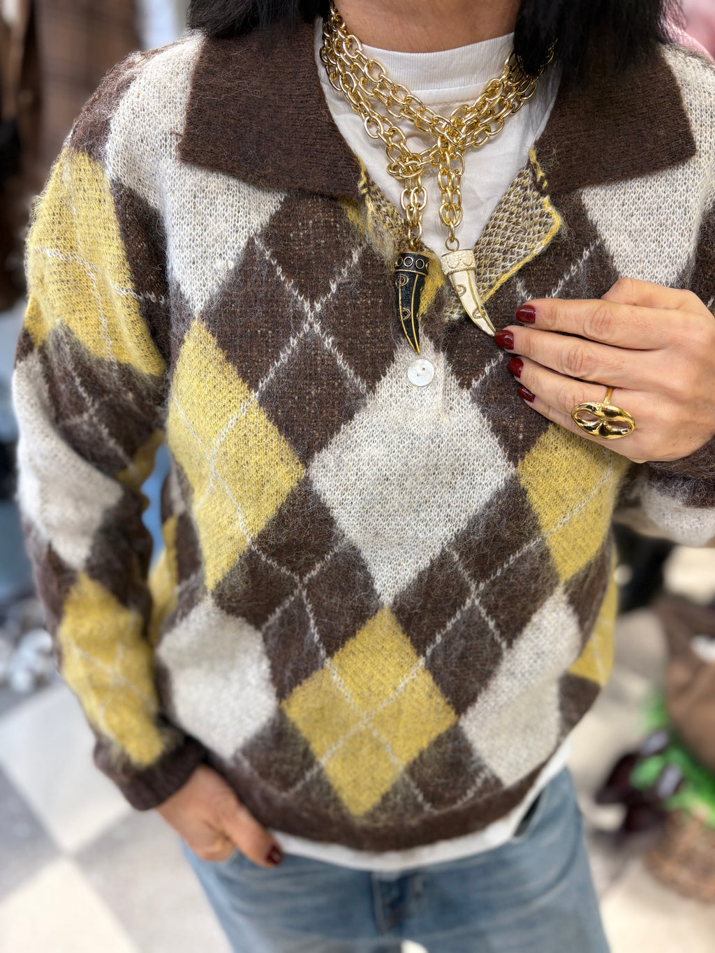 Polo fluffy manica lunga rombi marrone e giallo