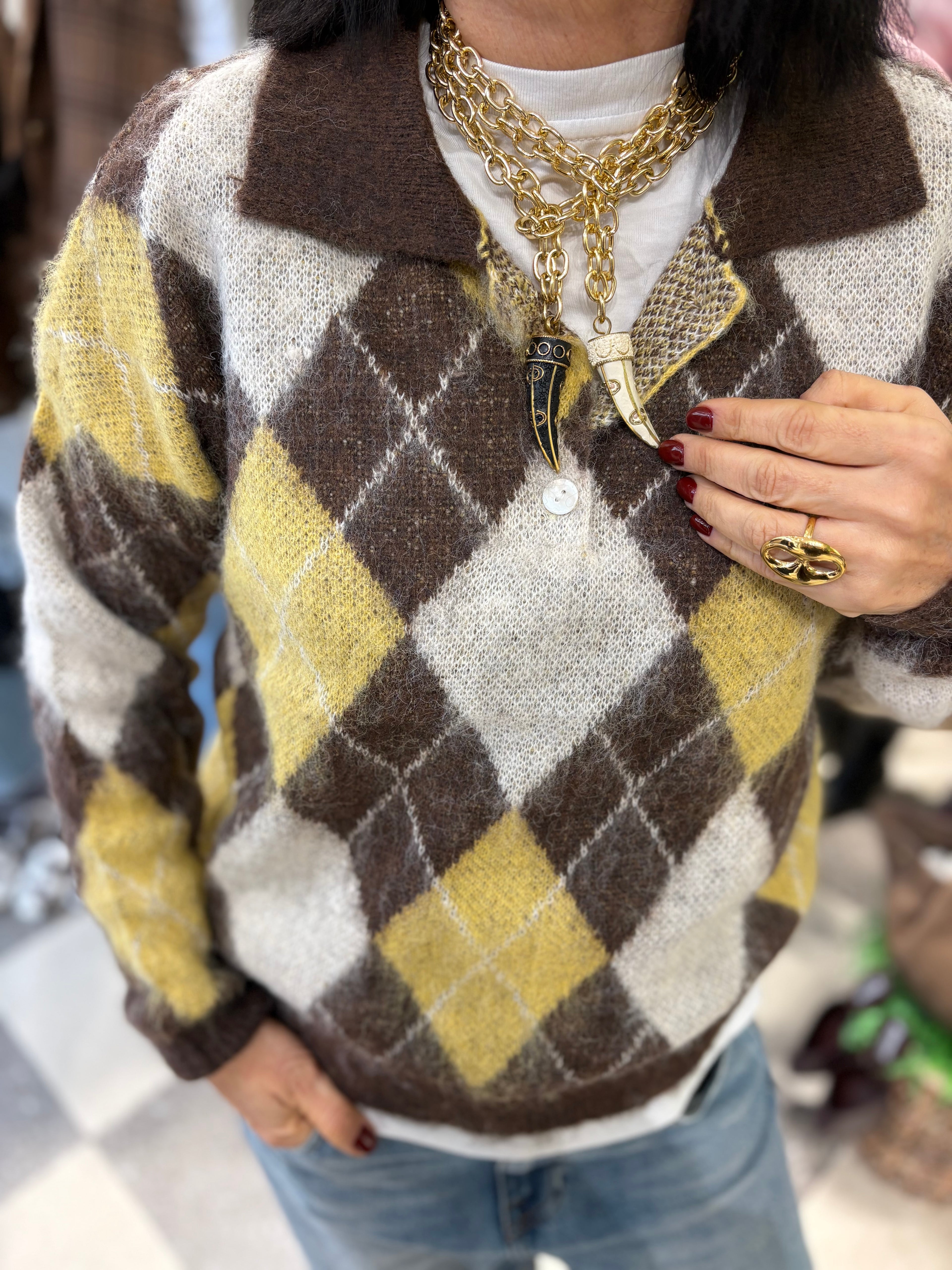 Polo fluffy manica lunga rombi marrone e giallo