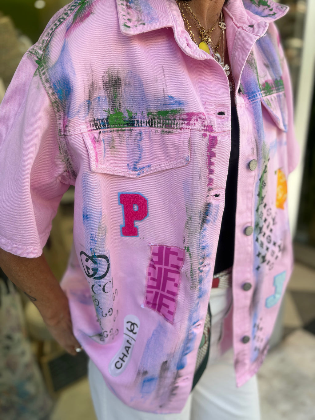 Giacca custom denim rosa - modello manica corta