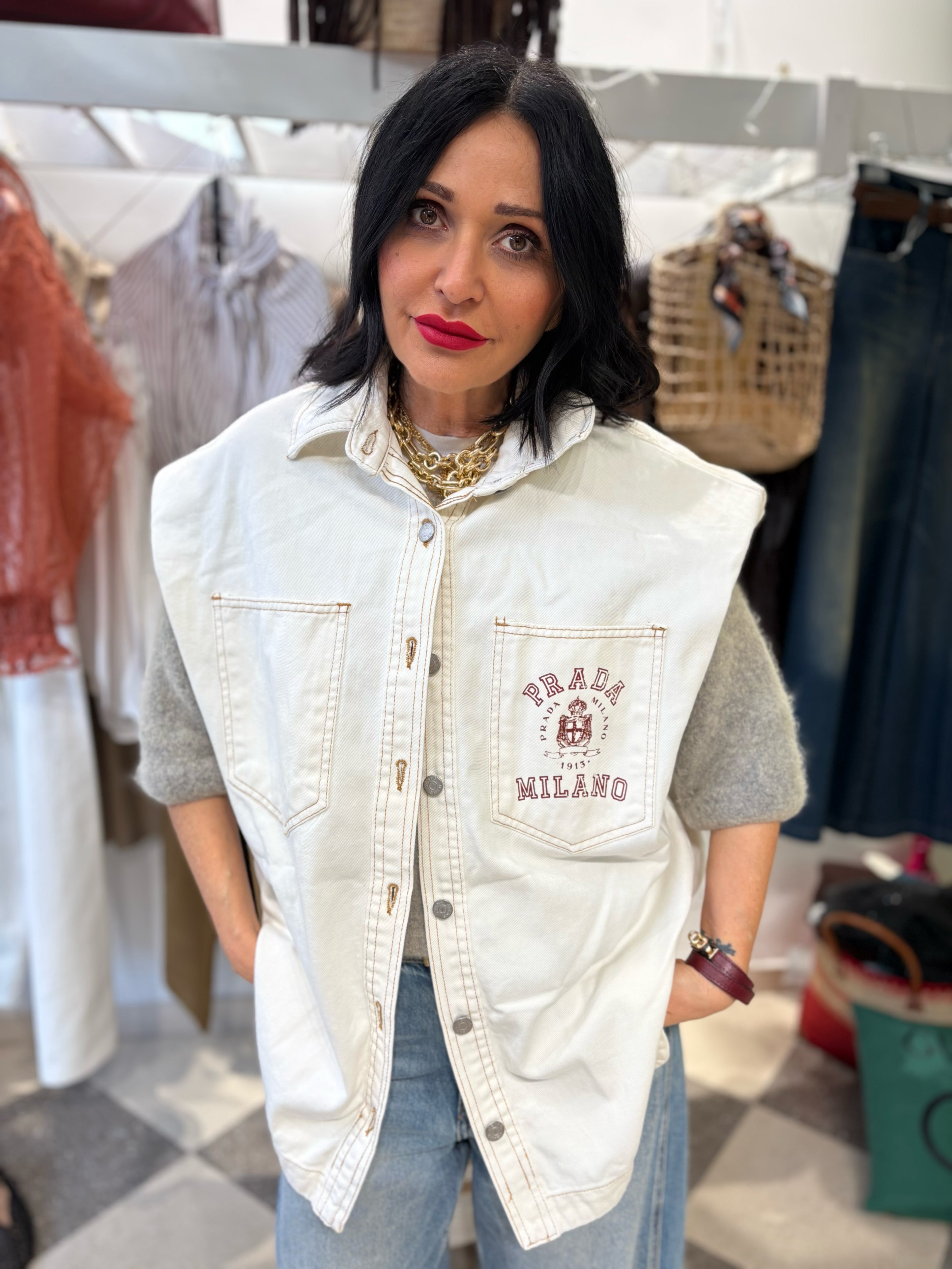 Gilet white denim teddy