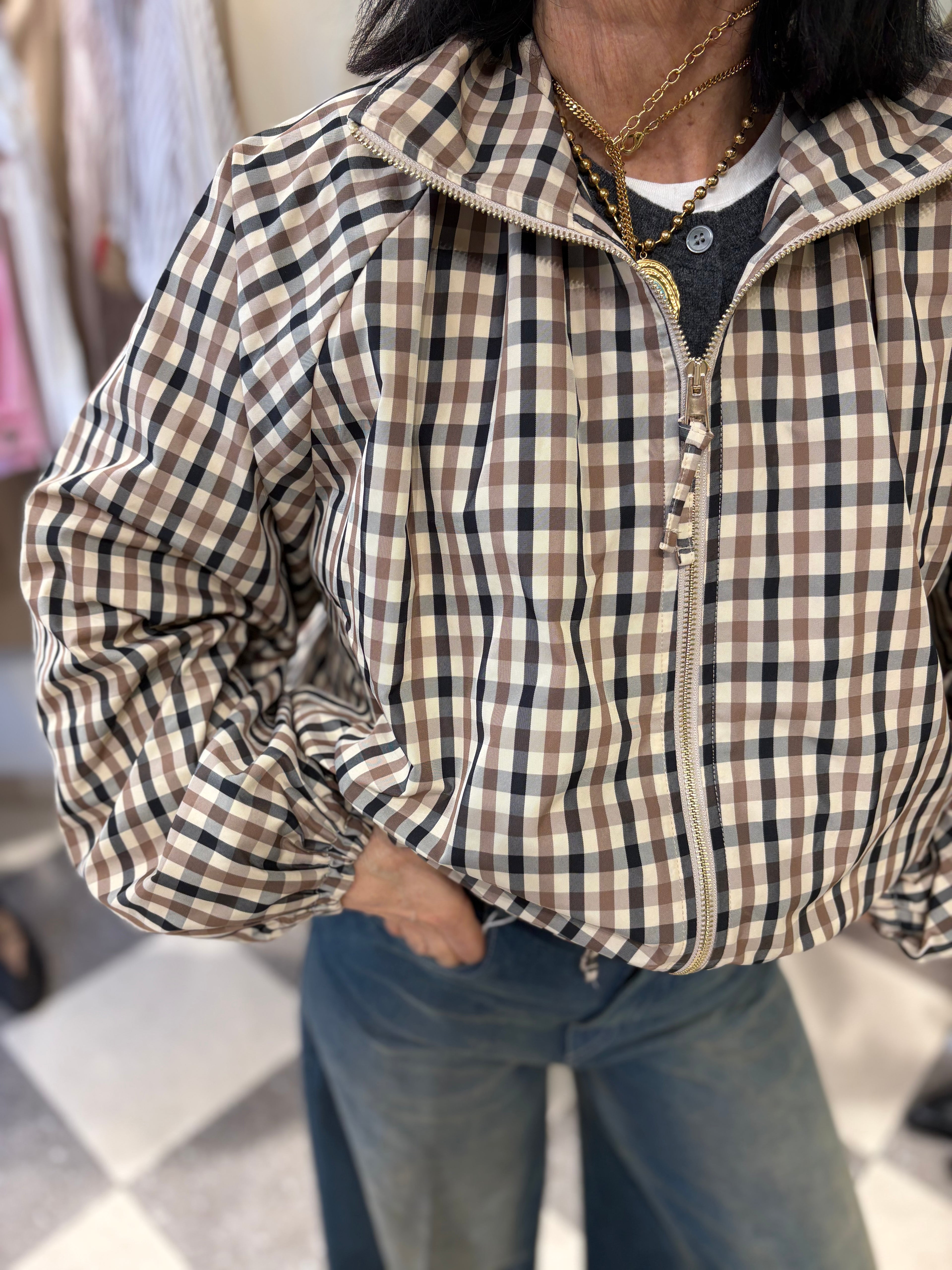 Bomber Check Beige Zip Front