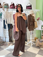Coordinato plissé top e pantalone - cacao