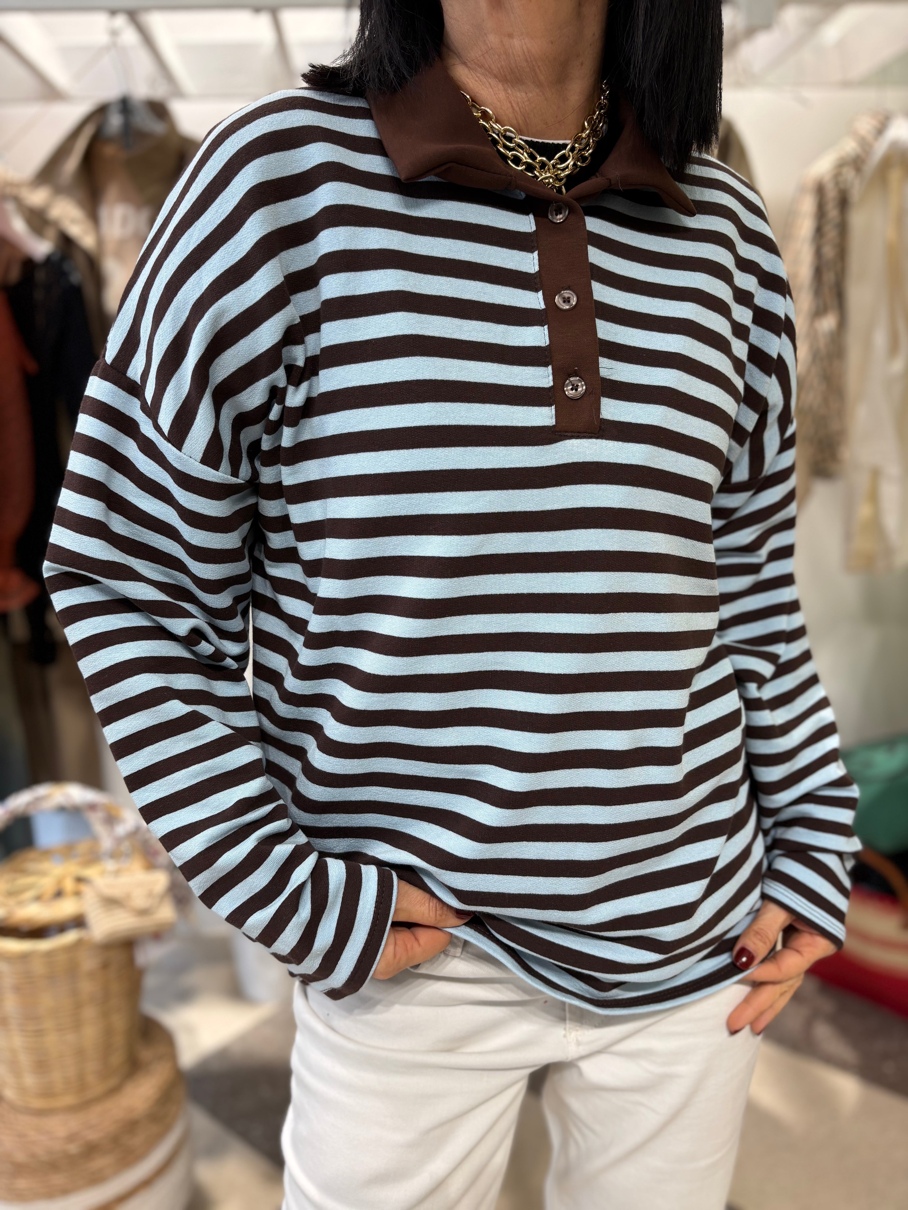 Polo fit over righe cioccolato e celeste