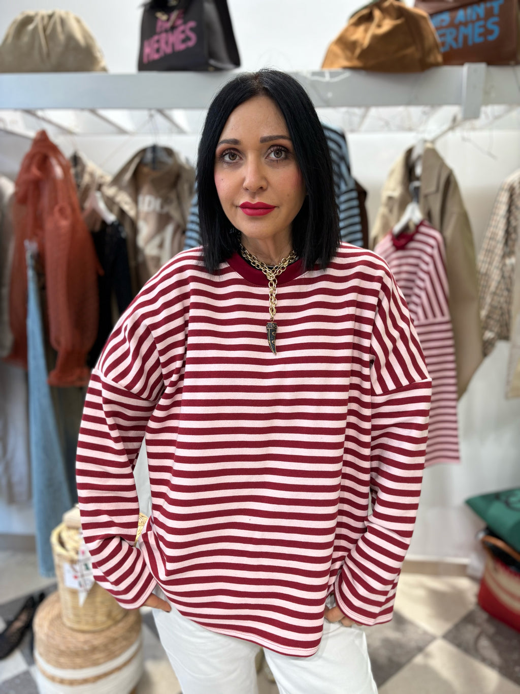 Maxi t-shirt righe rosa e rosso