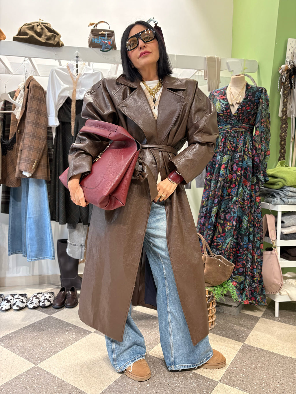 Trench lungo effetto pelle cioccolato