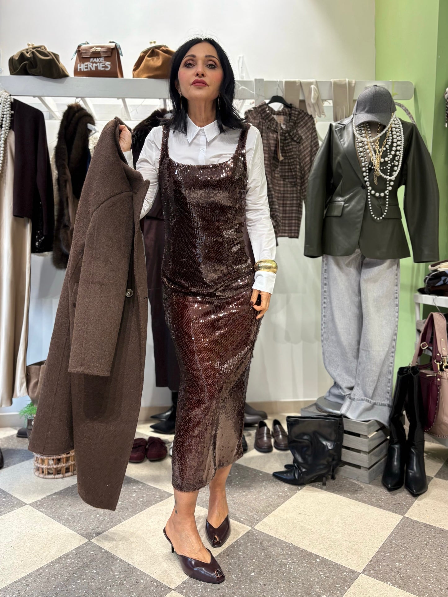 Abito longuette con paillettes marroni