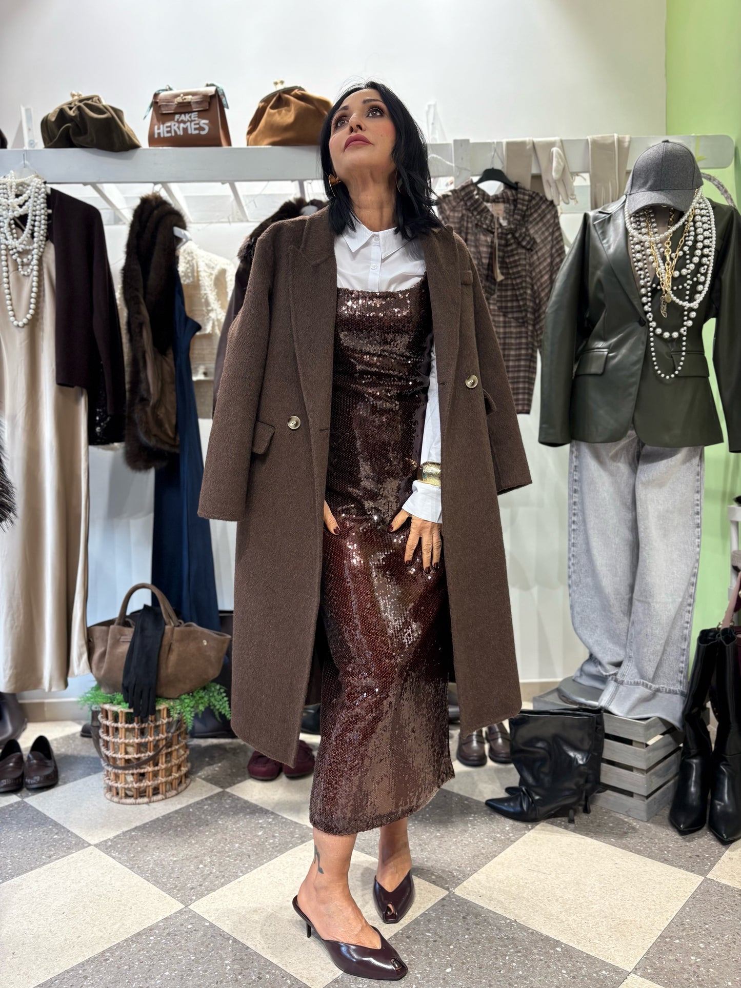 Abito longuette con paillettes marroni