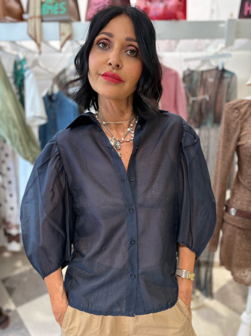 Camicia ultra light manica a sbuffo blu